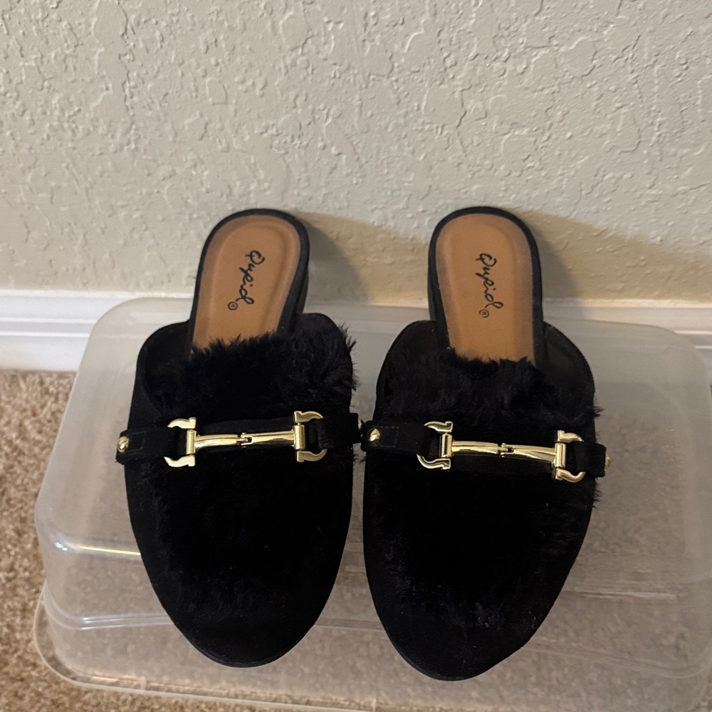 Qupid Black Furry Mules with Gold Accent